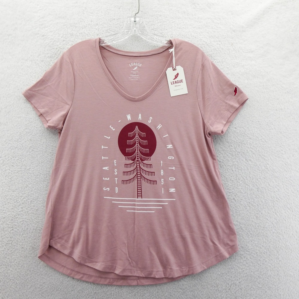 League‎ T-Shirt Womens Medium Seattle Washington Pink Graphic V-Neck Poly Blend